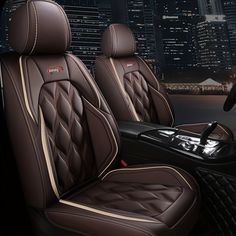 the interior of a luxury car with brown leather and beige stitching on the seats