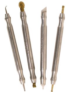 three different types of screwdrivers are shown in this image, one is gold and the other is silver