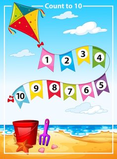 a game with numbers and kites on the beach for children to learn how to count