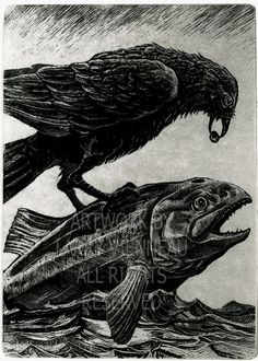 two black birds sitting on top of a fish