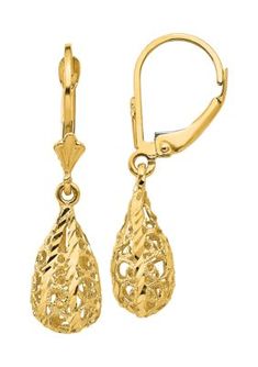 Belk & Co. 14K Yellow Gold Polished And Diamond-Cut Filigree Dangle Leverback Earrings. Add elegance to any look with these 3-dimensional filigree dangle earrings. Styled in 14K yellow gold, these earrings exhibit brilliant diamond-cut detailing in an intricate filigree pattern. Polished for shine, these eye-catching earrings are protected with easy to use lever back closures. 14k Gold Filigree Dangle Jewelry, Formal Filigree Diamond Drop Earrings, Formal Filigree Drop Diamond Earrings, Wedding Yellow Gold Diamond Earrings With Filigree, Wedding Yellow Gold Filigree Diamond Earrings, Fine Jewelry With Filigree Dangle, Fine Jewelry Dangle Earrings With Filigree, Gold Luxury Diamond Earrings With Filigree, Luxury Gold Diamond Filigree Earrings