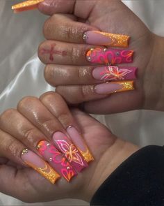 Long Vacation Nails Tropical, Summer Sets Nails, Summer Birthday Nail Ideas, Birthday Nails Colorful, Nails Ideas Birthday, Butterfly Flower Nails, Summer Nail Sets, Pink And Orange Nails, Dominican Nails