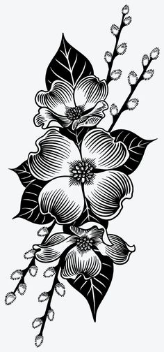 black and white drawing of flowers with leaves