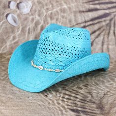 Size : One Size Material : 100% Paper Handmade Handmade Casual Straw Hat For Rodeo, Casual Handmade Straw Hat For Rodeo, Western Style Sun Hat For Beach, Western Style Sun Hat For The Beach, Western Style Beach Sun Hat, Western Style One-size Beach Hat, Blue Country Style Summer Hat, Adjustable Turquoise Hat For The Beach, Handmade Casual Sun Hat For Rodeo