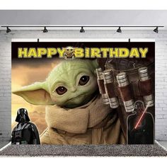 an image of a star wars birthday backdrop with a baby yoda holding two beer cans