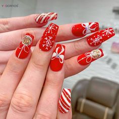 Acrylic Nails Long, Nails With White, Red Nails Glitter, Diamond Decorations, Nail Art Set, Snowflake Nails