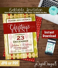 christmas party flyer with laptop and other items on wooden table next to phone, tablet