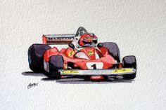 a drawing of a racing car with the driver in red and white on it's side