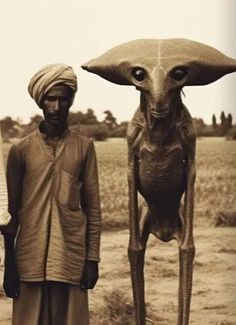 two men standing next to each other near a large animal