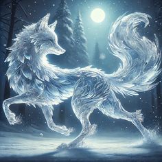 a white wolf running through the snow in front of a full moon and snowy forest