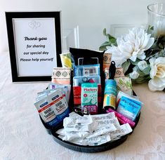 wedding day emergency kit for groom, groomsmen, wedding bathroom amenity tray for men's room, emergency kit sign Wedding First Aid Basket, Wedding Guest Gift Bags Hotels Basket Ideas, Wedding Guest Toiletry Basket, Guys Bathroom Basket Wedding, Wedding Kits For Guests, Bathroom Goodies For Wedding, Emergency Kits For Wedding Day, Emergency Basket Wedding, Wedding Kit For Guests