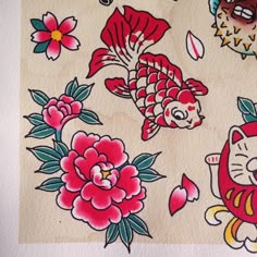 an assortment of japanese tattoo designs on white paper with red flowers and fish in the background