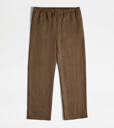 Pants in linen characterized by an elastic drawstring waistband. A fresh style, with an easy and relaxed mood, enriched by the leather Tod's tag on the back pocket. Easy E, Brown Trousers, Gift Boutique, Drawstring Waistband, Linen Pants, Custom Made, Ready To Wear, Online Shop, Buy Online