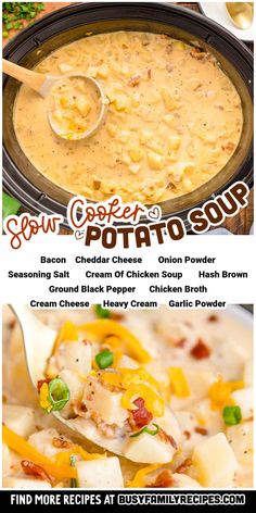 the menu for soup and potato soup is shown