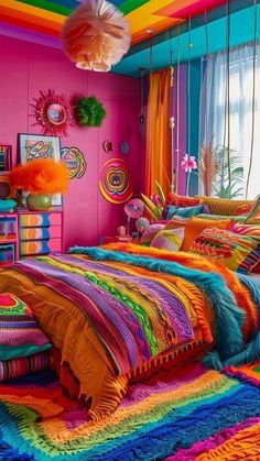 Rainbow Bedroom Aesthetic, Colourful Room Aesthetic, Rainbow Room Aesthetic, Crochet Bedroom, Funky Bedroom, Hippie House, Boho Colors, Colorful Bedroom