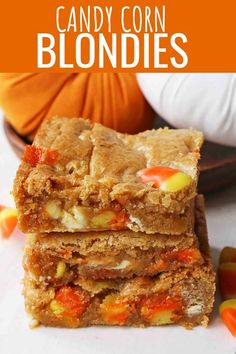 candy corn blondies stacked on top of each other