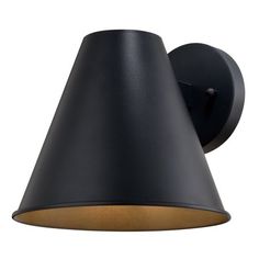 an outdoor wall light with a black shade