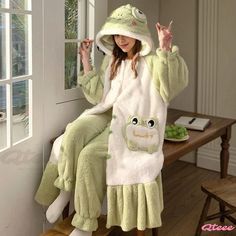 Qteee - Adorable Cartoon Frog Plush Hooded Pajama Set Japanese Pjs, Green Pjs, Frog Pajamas, Frog Plush, Cartoon Frog, Adorable Cartoon, Winter Color, Winter Colors, Things To Buy