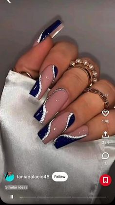 Navy And Silver Nails, Royal Blue Nails Designs, Blue Prom Nails, Cowboy Nails, Blue And Silver Nails, Homecoming Nails Blue, Silver Nail Designs, Blue And White Nails, Royal Blue Nails