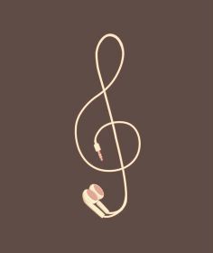 an earphone with a music note attached to it's cord, against a brown background