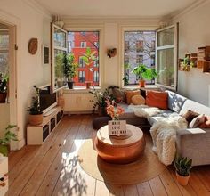 a living room filled with lots of furniture and plants on the windows sills