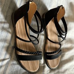 Super Cute Black Strippe Sandals, True Size 7 1/2 Never Worn, Comfy Padding Back Zippered Black Strappy Wedge Sandals For Vacation, Black Adjustable Wedge Sandals For Vacation, Cute Black, Black Sandals, Women's Shoes Sandals, Shoes Sandals, Super Cute, Sandals, Women Shoes