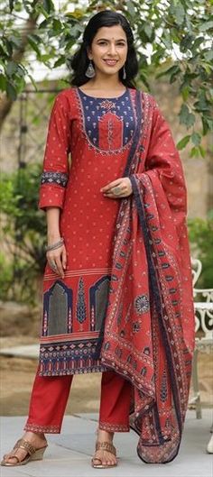 Red and Maroon color Salwar Kameez in Cotton fabric with Bugle Beads, Printed, Thread work Bollywood Style Red Lawn Suit With Printed Motifs, Bollywood Style Red Lawn Suit For Diwali, Red Bollywood Lawn Suit For Diwali, Bollywood Unstitched Red Suit With Printed Motifs, Red Anarkali Salwar Kameez With Printed Motifs, Unstitched Red Lawn Suit For Festivals, Red Semi-stitched Churidar With Printed Motifs, Traditional Red Churidar With Printed Motifs, Red Salwar Kameez With Printed Motifs For Diwali