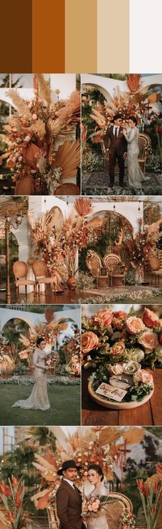 a collage of photos with flowers and people in the background, including an orange color scheme