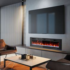 a modern living room with a large television and fireplace