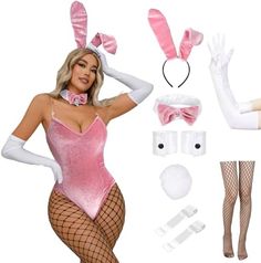 a woman dressed in bunny costume with accessories including gloves, stockings and headbands