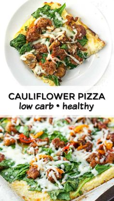 two different pizzas with spinach, sausage and cheese on them are shown in this collage