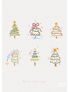 christmas trees drawn on paper with colored pencils and watercolor paint, all in different colors