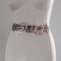 Handmade Bride Dress Belt, Embroidered With Crystals, Rinhestones, Pearls,And Seed Beads. Size: 85" Elegant Silver Embellished Bridal Belt, Elegant Beaded Fitted Bridal Belt, Elegant Beaded Bridal Belt For Party, Elegant Beaded Bridal Belt, Elegant Embellished Bridal Belt For Party, Elegant Embellished Bridal Belt For Evening, Elegant Silver Dress With Pearl Embroidery, Elegant Silver Beaded Dress, Glamorous Silver Bridal Belt For Party