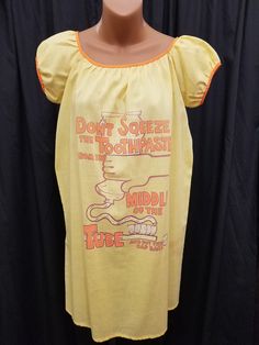 Rare Vintage 1960's Greencraft Light Yellow Cotton Short-Sleeved Nightgown Nightie Pajama w Orange Trim and Toothpaste Graphic.  Great condition, except for a couple of small imperfections on the top front of nightie - see pics.  Nightgown Measurements:  bust 36, length 28, shoulder to shoulder 18 1/2, neck opening 9 inches. Vintage Pyjamas, Gold Swimsuit, Patio Dress, Vintage Pajamas, Bag Patches, Fun Memories, Wonder Years, Childhood Nostalgia, Women's Nightgowns