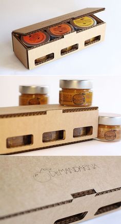 three different views of the inside of a box with spices in it and on top