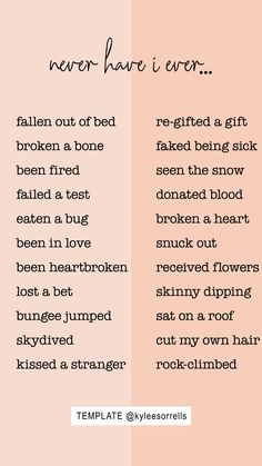 the words are written in different languages on pink and white paper with black writing that reads never have i ever fallen out of bed