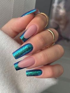 Teal Nails Ideas, Teal Acrylic Nails, Turquoise Nail Designs, Teal Nail Designs, Blue Ombre Nails, Unghie Sfumate, Teal Nails, Confetti Nails, Turquoise Nails