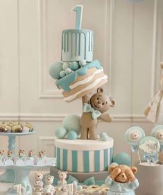 Birthday Cake Bear, 1st Birthday Party Cake, Baby Shower Cake Designs, 1st Bday Cake, Teddy Bear Cake