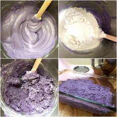 four pictures showing the steps to make purple cake