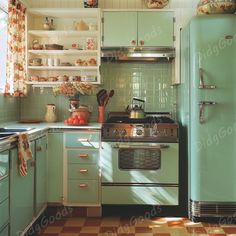 an old fashioned kitchen with green cabinets and checkered flooring on the tile floors