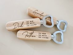 three personalized wooden bottle openers with the names of two men and one woman