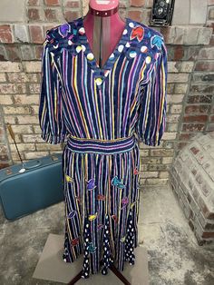 "vintage dress fit and flare striped polkadots gored skirt appliquee leaves, blue purple pink yellow Women's Size small Elastic waist 28\"-36\"" Vintage Denim Dress, Gored Skirt, Tankini Swimsuit Top, Rainbow Bright, Bleu Violet, Swim Skirt, Vintage Lingerie, Lingerie Set, Vintage Denim