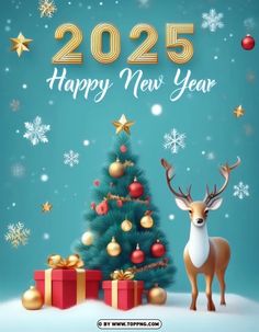 a happy new year card with a deer next to a christmas tree and gift boxes