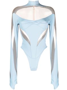 sky blue stretch-design silver-tone logo lettering sheer panelling tulle panels high neck long sleeves thumb slots rear zip fastening Just a reminder that this piece must be tried on over your own garments. Blue Bodysuit, Sheer Bodysuit, High Neck Long Sleeve, Stage Outfits, Black Bodysuit, Black Stretch, Fashion Branding, High Neck, Fashion Inspo