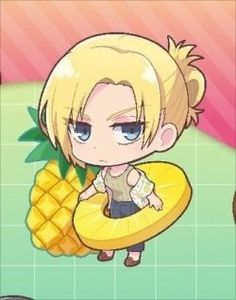 two anime characters are standing next to each other in front of a pineapple background