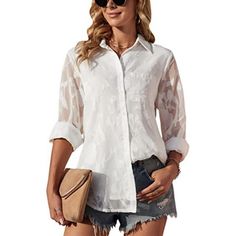 Women's Tunic Long Sleeve Button Down Blouses 287 White 100% Polyester Button Closure Machine Wash Material-The Button Up Blouse Made Of Breathable & Lightweight Polyester Jacquard Material, Make You Feels Great To Touch, Comfy To Wear.This Chiffon Blouse With A Inner Lining,Don't Need To Worry About See-Through. Trendy Features-Womens Blouses And Tops Dressy/Blouses & Button-Down Shirts/Jacquard Shirt Top/Long Sleeve Work Blouses/White Blouses/Ladies Collared Shirts/Blouse With Chest Pockets.Sh White Blouse With Back Button Closure For Fall, Summer White Blouse With Back Button Closure, White Button-up Blouse With Back Button Closure, Hair Casual, Dressy Blouses, Collared Shirts, Jacquard Shirt, Cocktail Club, Work Blouses