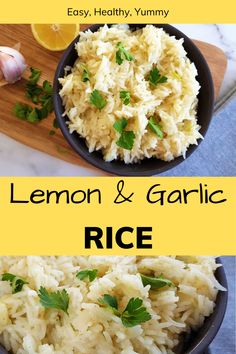 lemon and garlic rice in a bowl on a cutting board