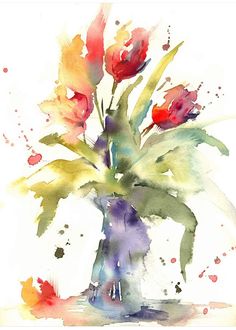 a watercolor painting of flowers in a vase