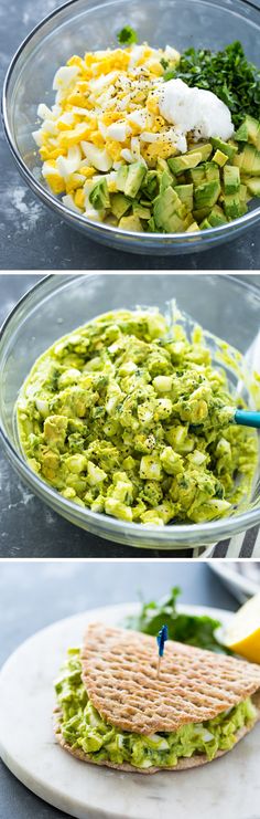 the process of making guacamole is shown in three different stages, including being sliced