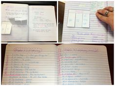 four photos of writing in notebooks with handwritten notes on the inside and out